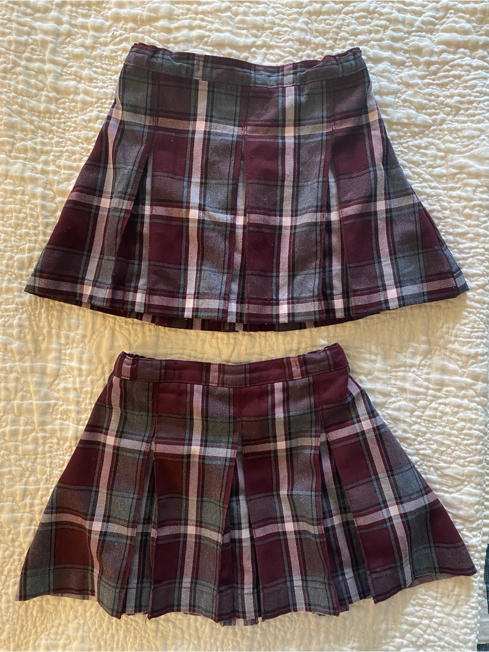 Bundle of 2 Lands' End Burgundy Gray Plaid Box Pleat Girls School Uniform Skirt